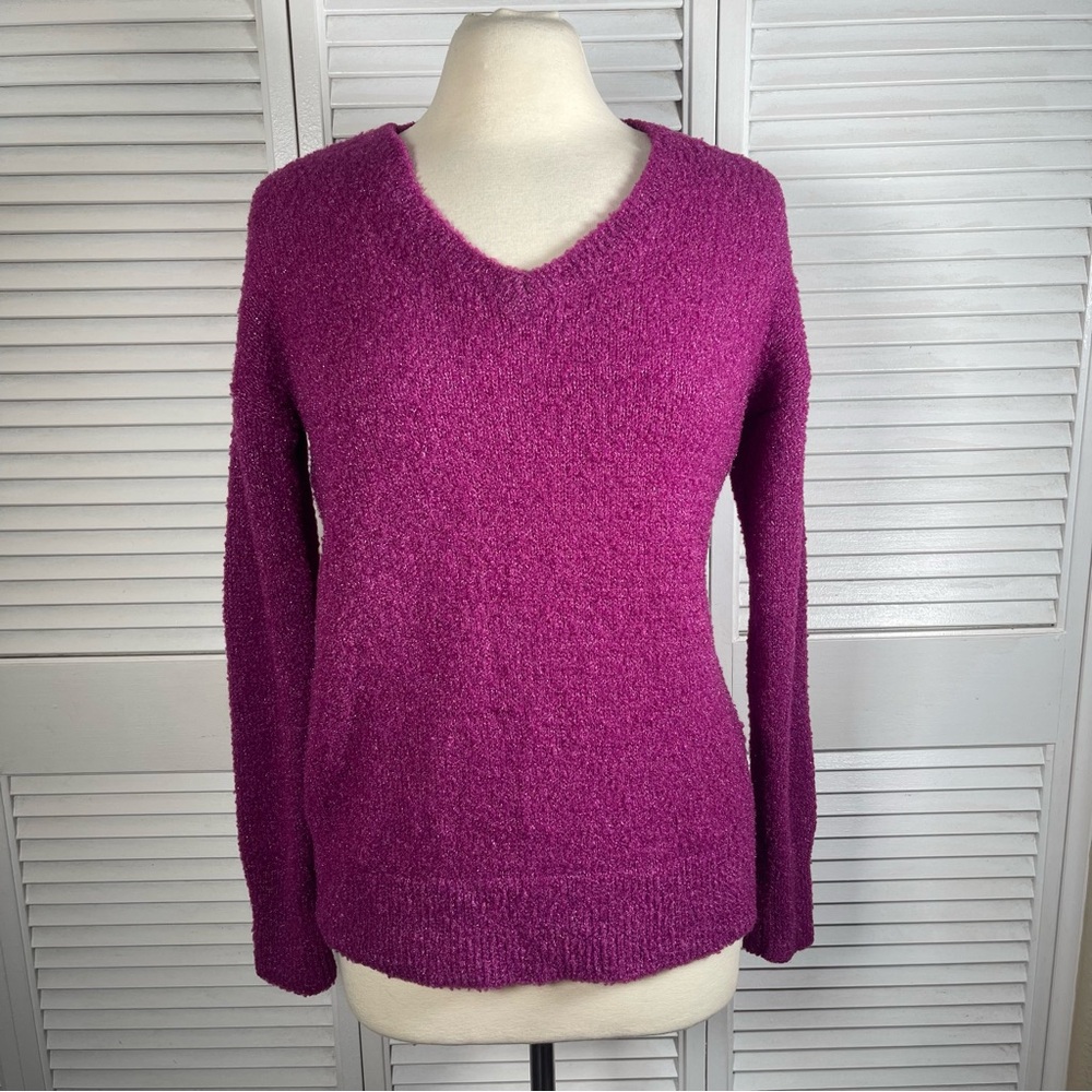 Halogen Magenta Metallic‎ Knit V-Neck Sweater S